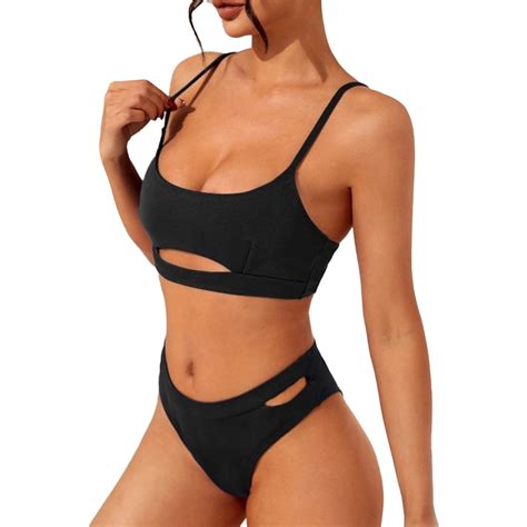 Female Black Split Bikini Sexy Hollow Beach Vacation Three Point Split
