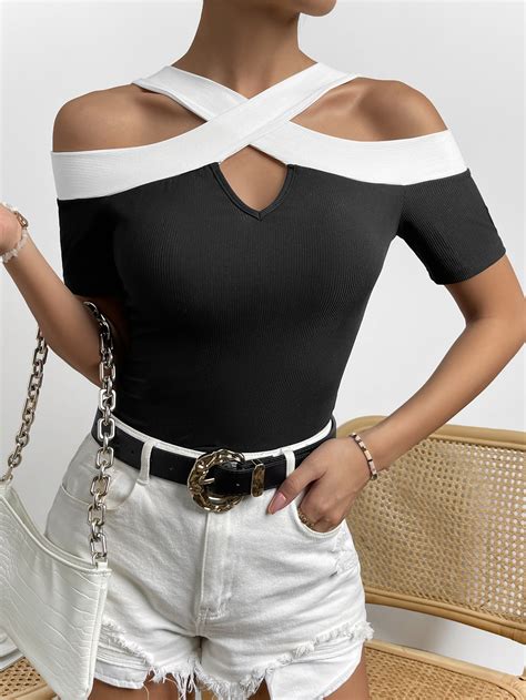 Shein Privé Two Tone Criss Cross Cold Shoulder Tee Shein Usa