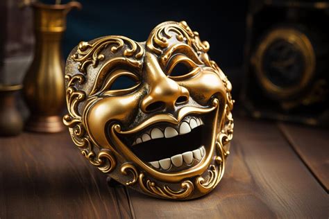 Premium Photo | Bronze male actors mask of a comic actor on a table