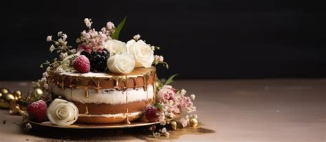 Premium Photo Gold Themed Naked Cake For Vintage Wedding Decor