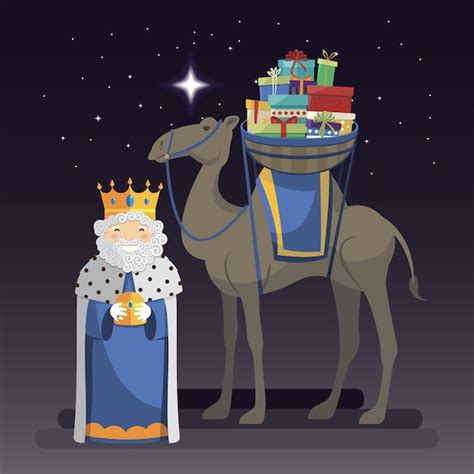 D A De Los Tres Reyes Con El Rey Melchor Camello Y Regalos Por La