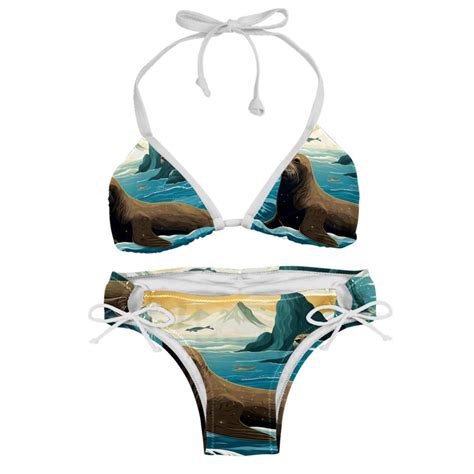 Sea Lion Swimsuit Women Bikini Set With Detachable Sponge And Adjustable Strap Swimwear Pack