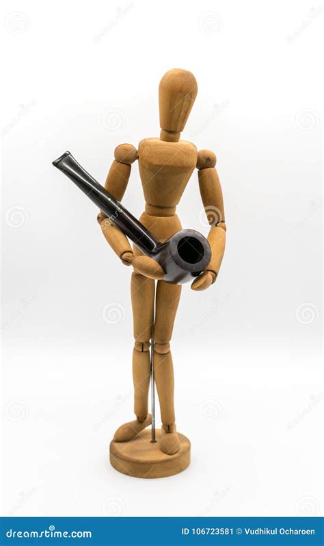 Wooden Dummy Model Holding Vintage Pipe Isolated On White Stock Image