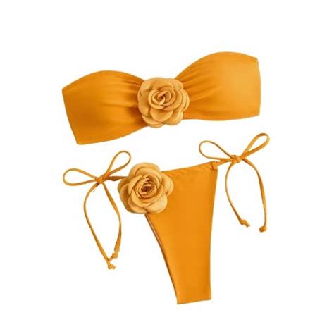 Str J K Pielowy Bikini Dwucz Ciowy Z Ozdobnymi Kwiatami Bandeau Orange L Bez Marki Moda