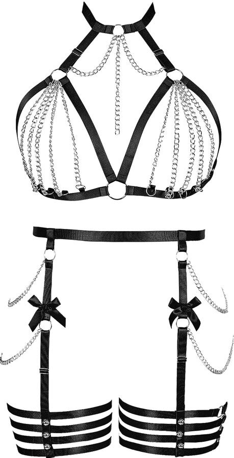 BANSSGOTH Plus Size Body Harness Women S Bow Lingerie Set Bra Garter Belts Punk Halloween