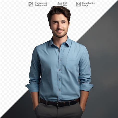Um Homem De Camisa Azul Está Em Frente A Um Fundo Preto Com A Foto De