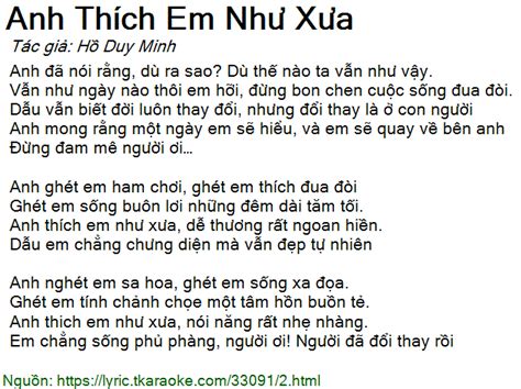 Loi Bai Hat Anh Thich Em Nhu Xua Ho Duy Minh Co Nhac Nghe