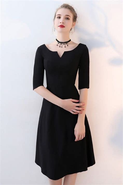 Simple Black Aline Knee Length Party Dress With Sleeves 75 9