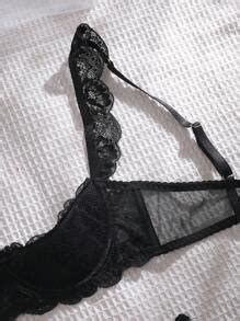 SpicyHot Black Spaghetti Strap Lace Lingerie Set With Ruffle Detail