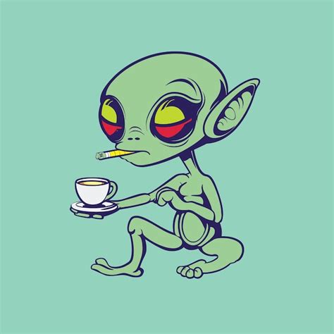 Premium Vector A Cute Sci Fi Alien Smocking Cigarette With Hot Coffee In Sitting