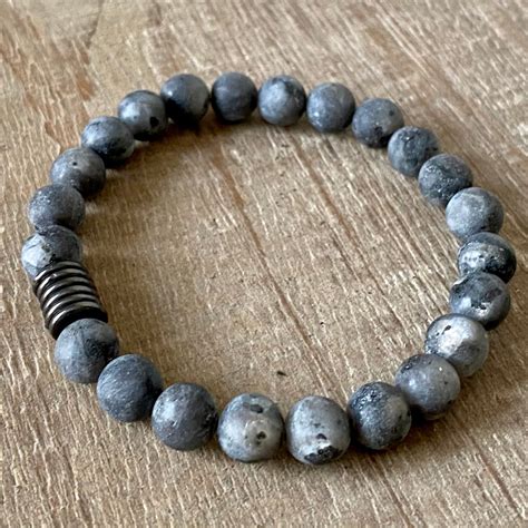 Matte Larvikite Labradorite Gunmetal Bead Bracelet For Men Etsy