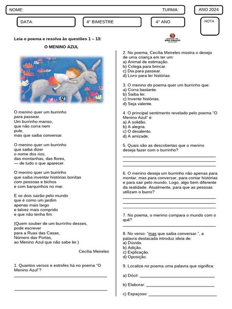 Texto O Menino Azul Com Respostas