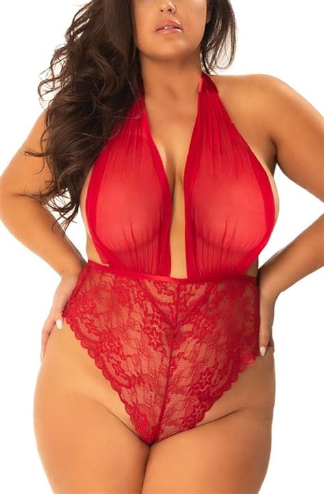 Plus Size Lingerie For Women Deep Plunging See Thru Lace Teddy High Waist Halter Self Tie Sexy