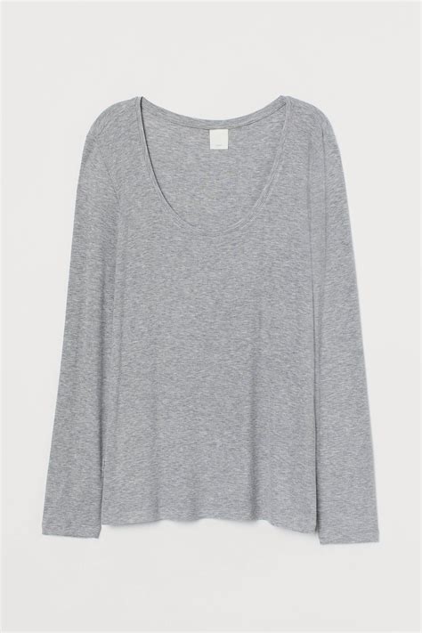 Ribbed Jersey Top Low Cut Neckline Long Sleeve Light Gray Melange