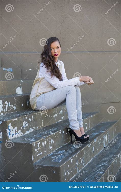 Pretty Brunette Sitting On Stairs Stock Image Image Of Perfect Brunette 33597691