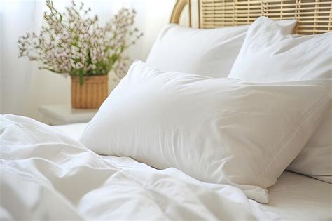 Premium Ai Image Closeup Of A Cozy Bed With Soft White Pillows