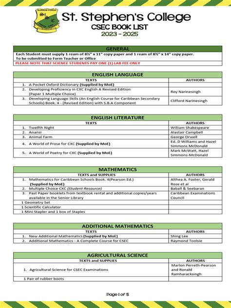 csec book list st stephens college