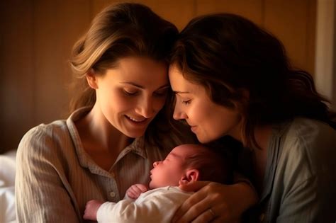Premium Photo Two Lesbian Mothers With Their Newborn Son
