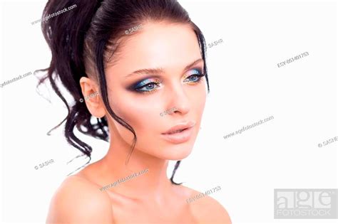 Colorful Make Up Woman Face Beautiful Brunette Summer Makeup Stock Photo Picture And Low
