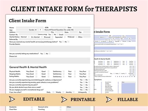 Client Intake Form Template Therapy Documentation Fillable Editable Printable Therapy