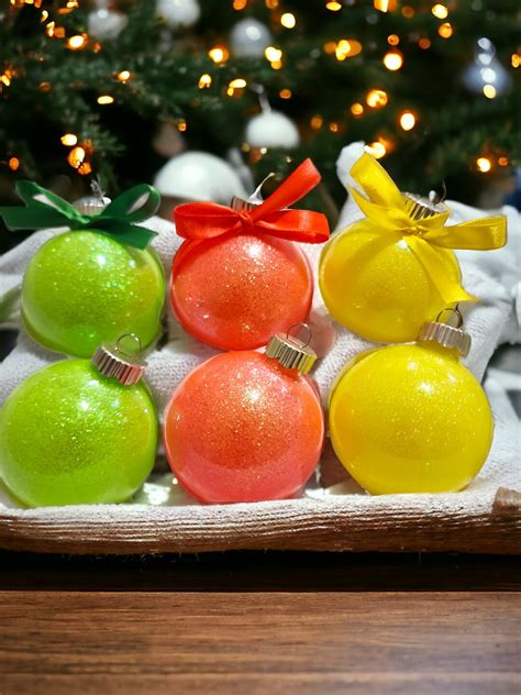 Set Of 6 Neon Glitter Glass Ornaments With Bow Handmade Ornaments