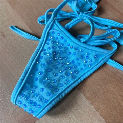 Bodyzone Apparel Swim Light Baby Blue G String Thong String Triangle Bikini Os Rhinestone