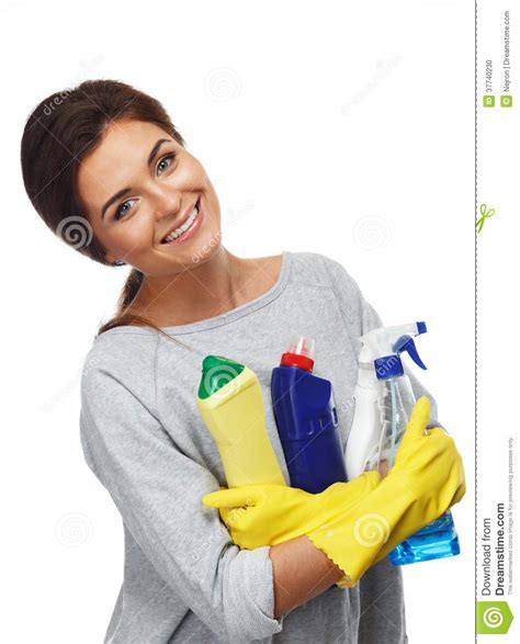 Brunette Woman Holding Different Cleaning Stuff Stock Photo Image Of Clean Maid 37740230