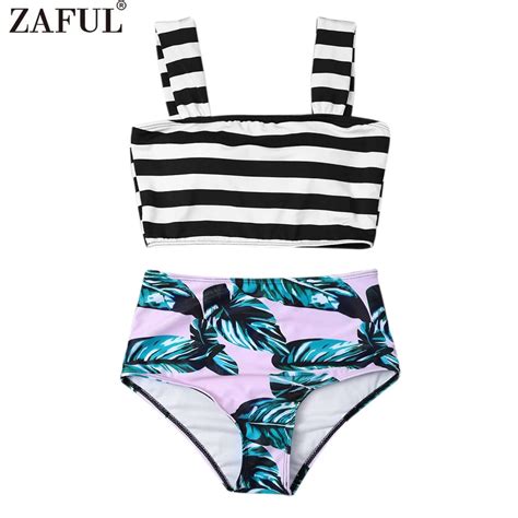 Zaful Women New Tropical Print High Waisted Bikini With Crop Top Square Unlined Swimsuit