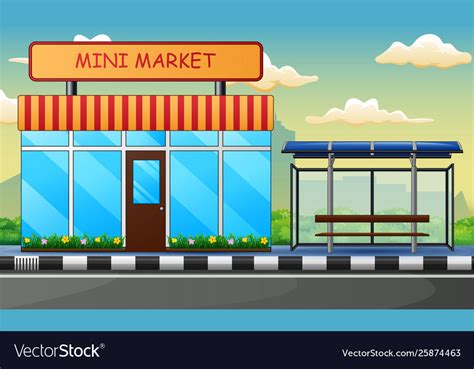 Cartoon Mini Market Building Near A Bus Stop Vector Image