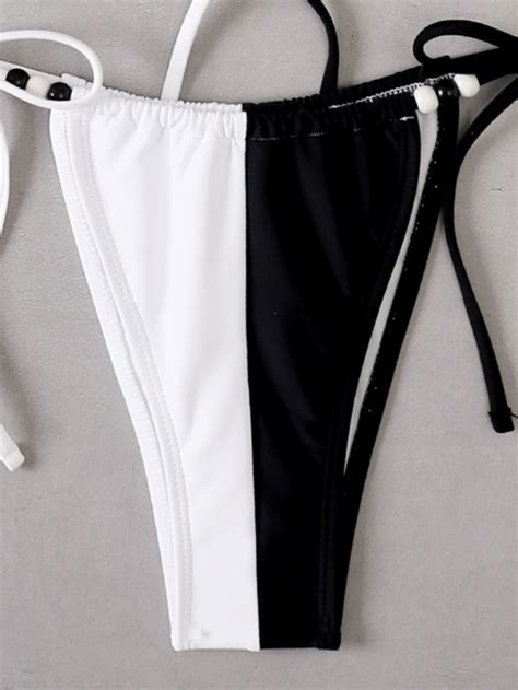 SHEIN Swim Vcay Color Block Bikini Set Beaded Triangle Bra Thong Bottom 2 Piece Bathing Suit