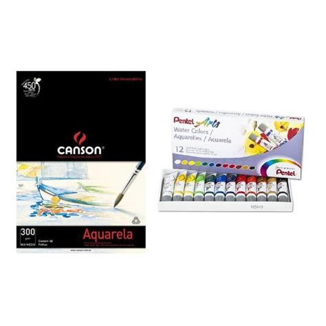 Kit Papel Canson Aquarela E Tinta Aquarela Pentel Tubo Cores Wfrs