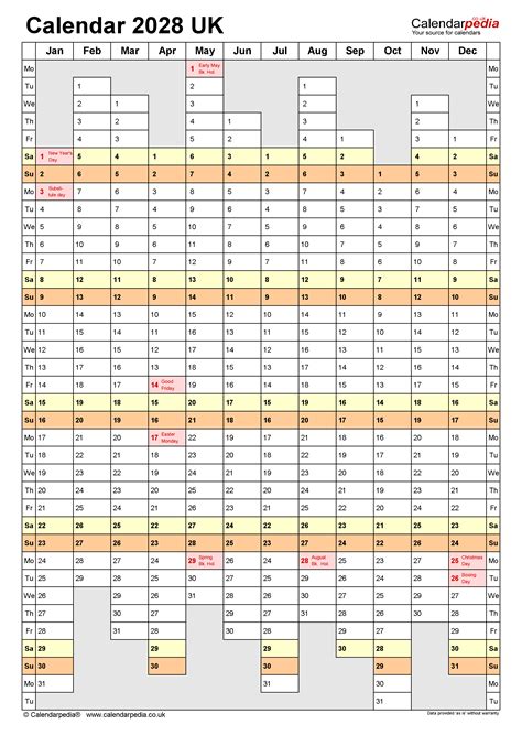 Calendar 2028 (UK) - free printable Microsoft Word templates