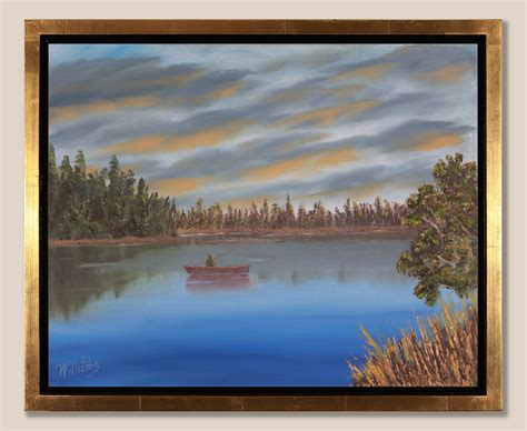 ORIGINAL Fishing Oil Painting Fishing Wall Art Fisherman in Boat on Lake Fishing Gift FRAMED ...