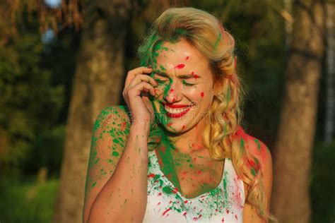 Smiling Caucasian Blonde Girl With Bright Makeup Posing Covered Stock Image Image Of Face