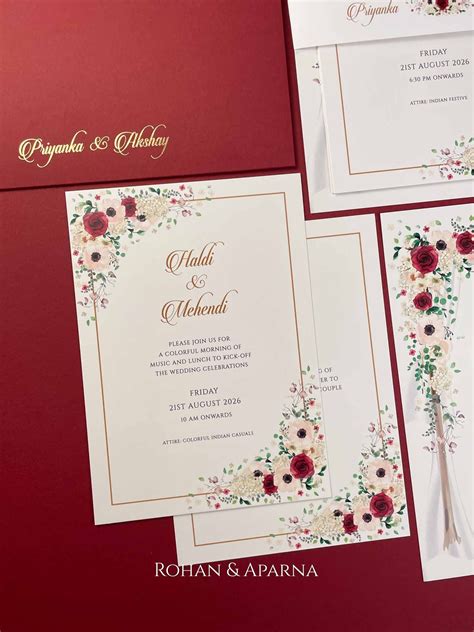 Burgundy Floral Mandap Tiered Indian Wedding Card By Rohan Aparna