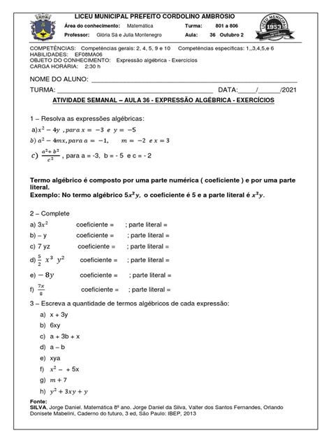 Expressões Algébricas 8 Ano Pdf - Exercícios de Expressões Algébricas 8º Ano | PDF