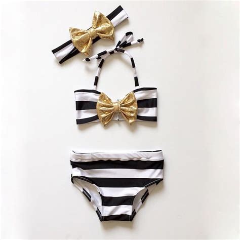 Baby Girl Striped Bowknot Swimwear Bikini Set 3pcs Vicedeal