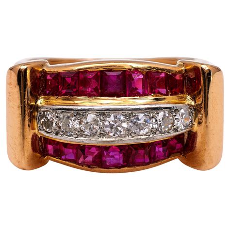 Retro Diamond And Synthetic Ruby 18k Yellow Gold Tank Ring At 1stdibs