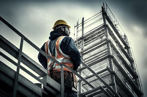 Trabajador en equipo especial en alta construcción con andamios cerca