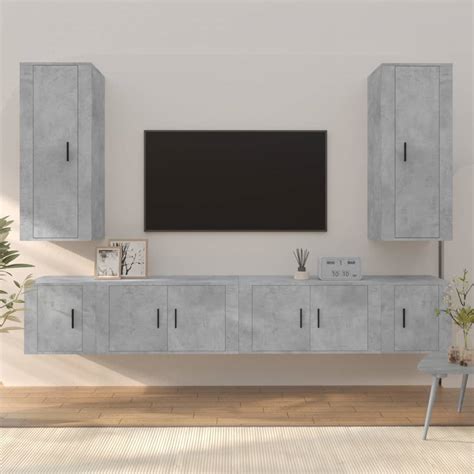 MEUBLE TV MURAL COMPLET Ensemble de meubles TV 6 pcs Gris béton Bois