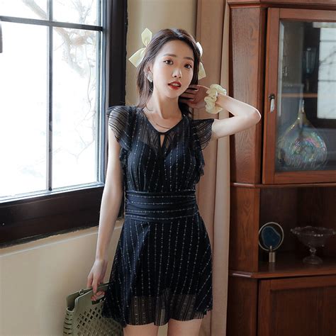 2021 Fashion One Piece Swimsuit Women S Gathered Slim Black Conservative Korean Swimwear Bikini