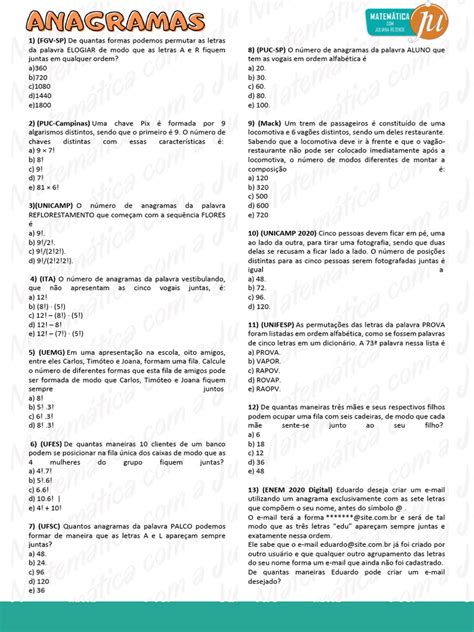 Questões De Anagramas - Anagramas: Exercícios e Atividades | PDF