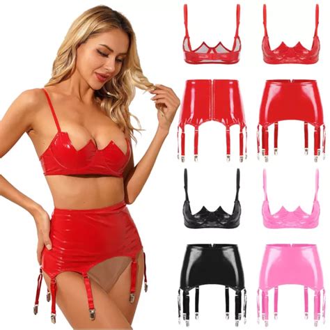 Damen Dessous Set Wetlook Push Up Bh Bra Und Strapsg Rtel Lack Leder