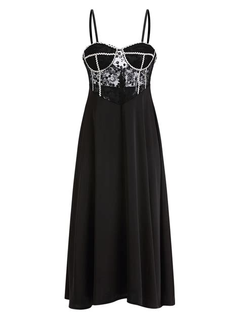 Women Chemise Black Polyester Lace Sheer Chemise Panty 2 Piece Set Sexy Lingerie Outfit