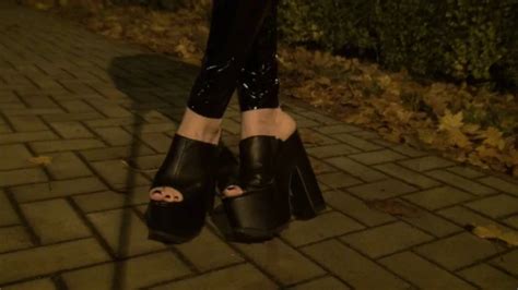 Public Crossdressing Latex Leggings And Platform Wedges Shemale High Heels Amateur Porn