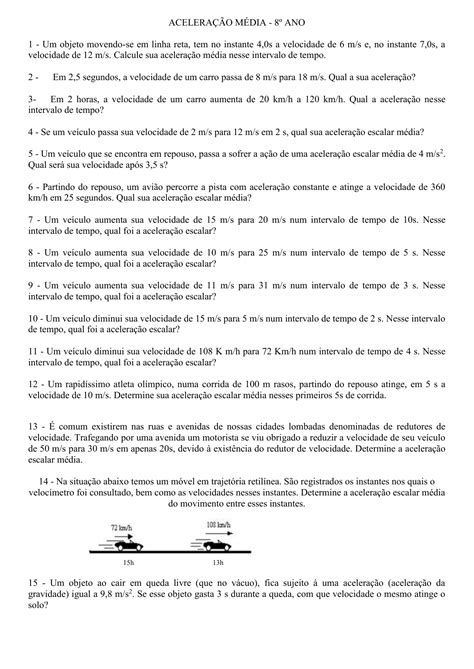 Exercícios Sobre Aceleração Média 9o Ano Com Gabarito