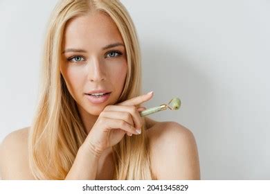 Halfnaked Blonde Woman Looking Camera While Stock Photo