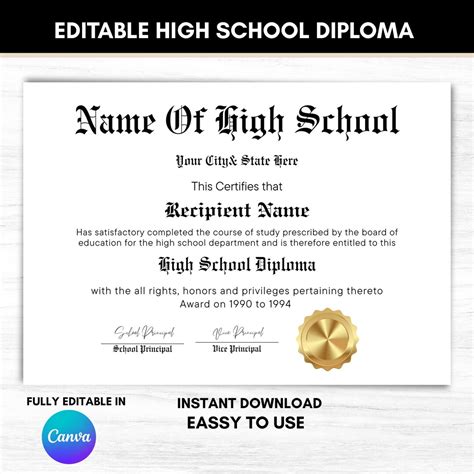 editable high school diploma template homeschool replica instant