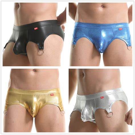 Pk Sexy Gay Mens Underwear Faux Leather Low Rise Cut Out Briefs Underpants Mj Amega