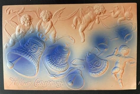 Vintage Victorian Postcard A Merry Christmas Five Naked Angels With Bells Other